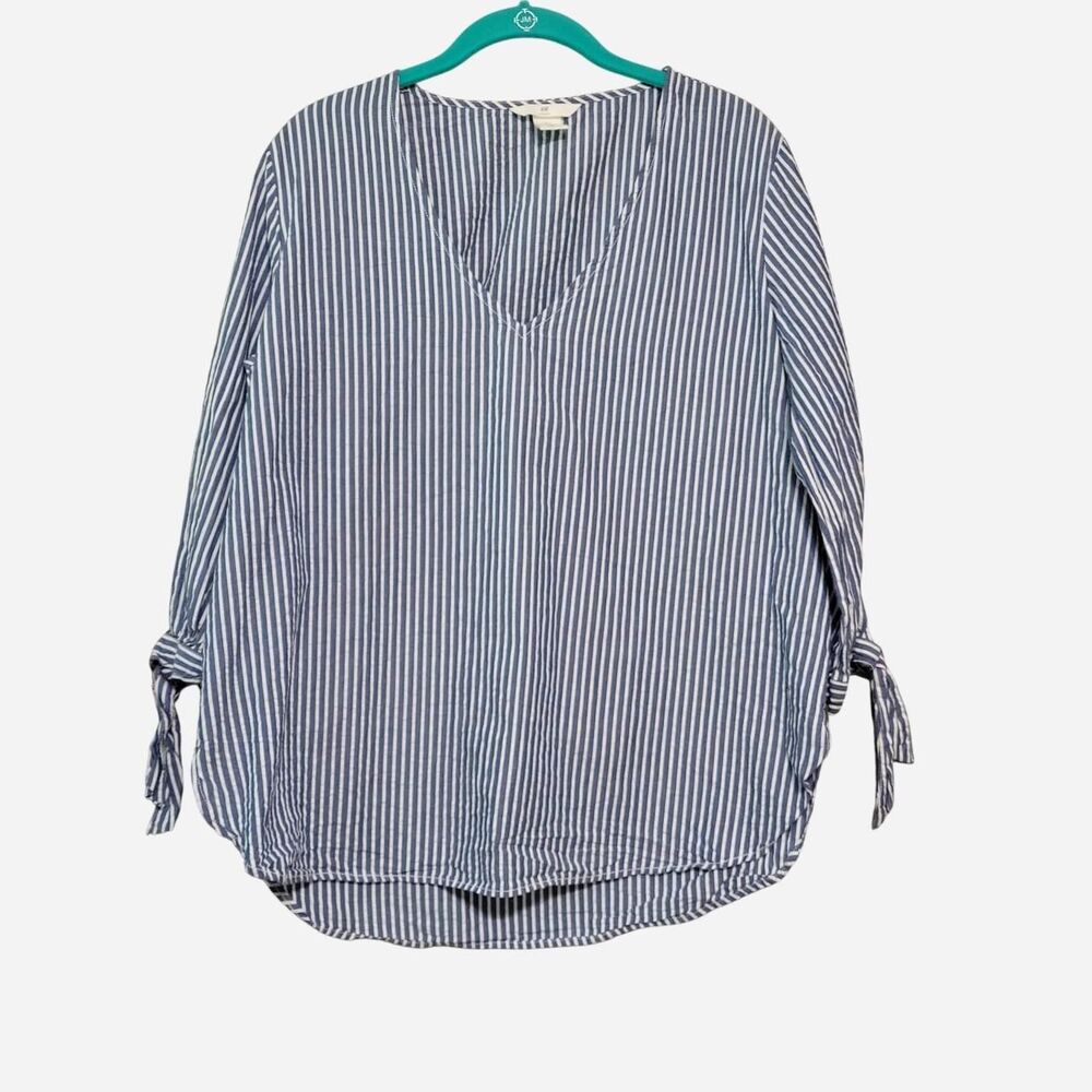 H&M L.O.G.G. 100% Cotton Stripe V Neck Popover Blouse Coastal Natural Fibers